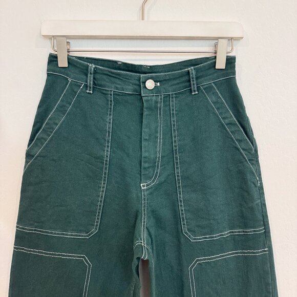 By Dyln Cooper Contrast Stitch High Rise Wide Leg Jeans Baggy Pants Green Small - Picture 4 of 13
